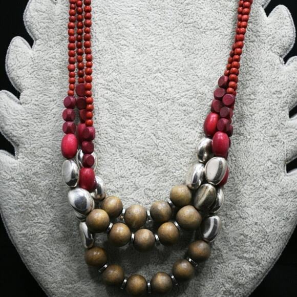 Chico's Wooden Red Brown Silver Beaded Distressed Necklace, 23 Inches - Picture 10 of 11